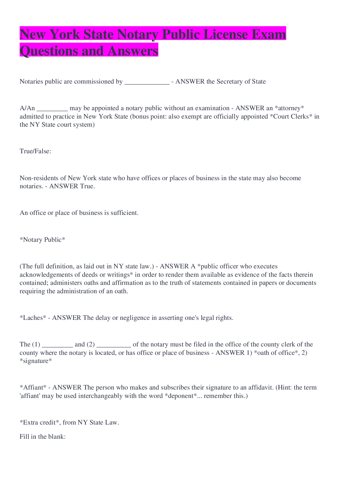 New York State Notary Public License Exam Questions and Answers